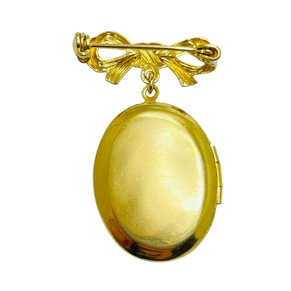 Vintage gold tone bow dangle locket designer brooch - Picture 3 of 4